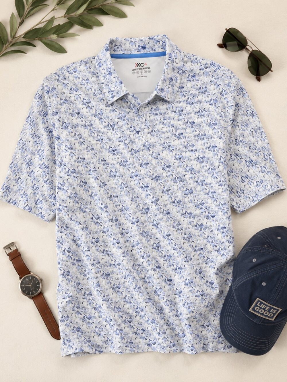 Johnson & Murphy XC4 blue White 1/4 Button Poly Span Golf Polo Shirt. Mens XL